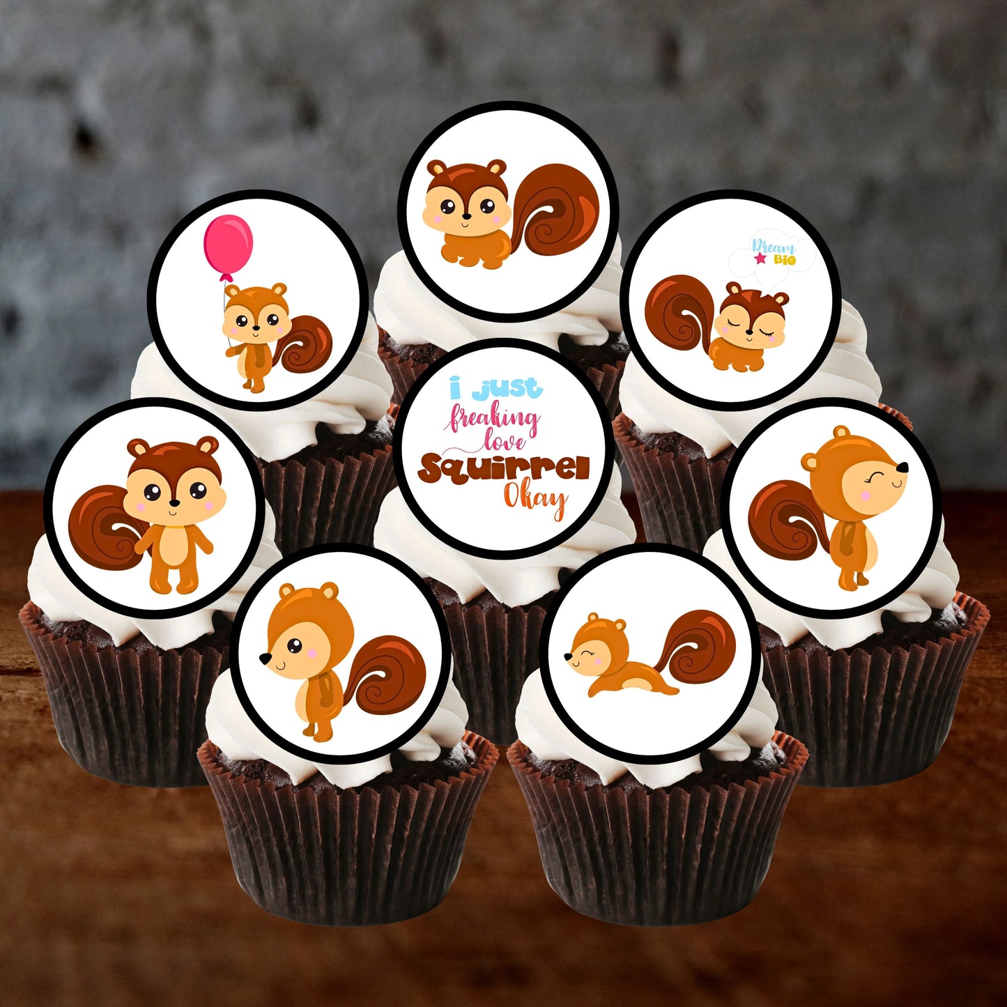 7 chocolate cupcakes with white frosting and illustrated squirrel cupcake toppers.