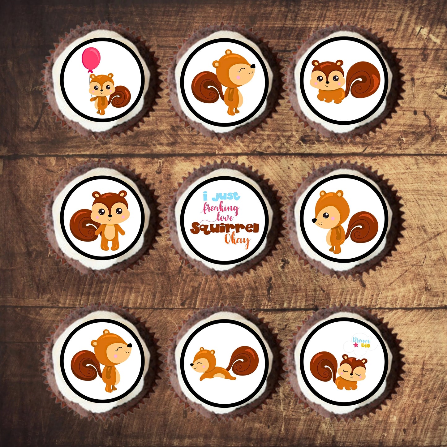 top down view of nine cupcakes featuring cian's cupcake toppers with a squirrel theme