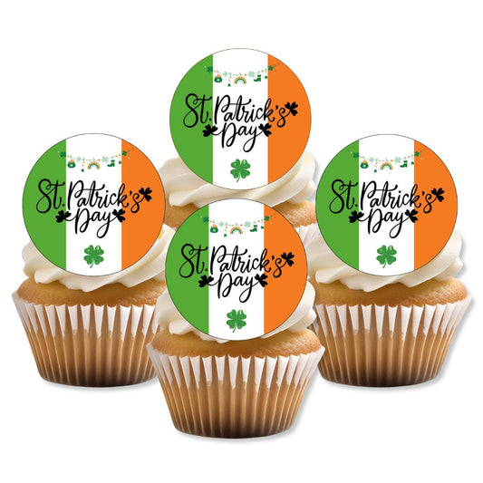 Cupcakes with St. Patrick's Day-themed decorations on a white background