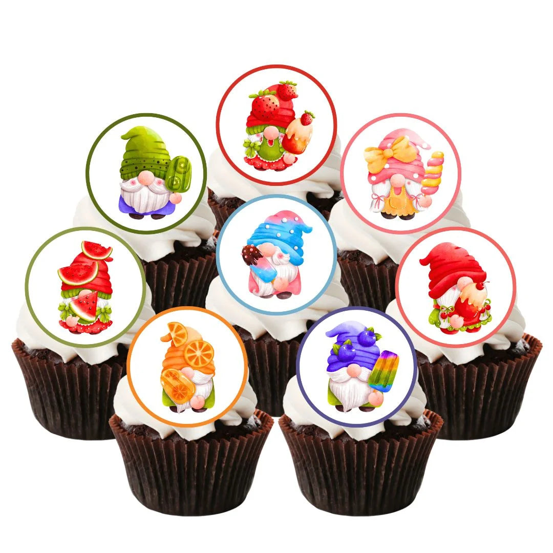 Summer Gnomes Edible Cupcake Toppers on chocolate cupcakes with white frosting