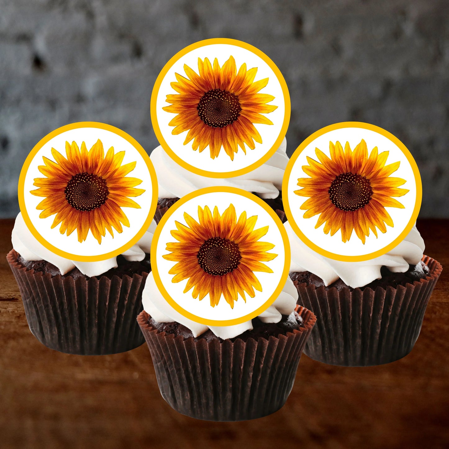 Sunflower Edible Cupcake Toppers on chocolate cupcakes with white frosting