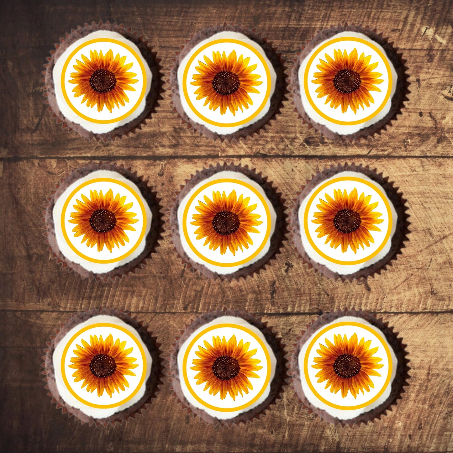 Sunflower Edible Cupcake Toppers on chocolate cupcakes with white frosting