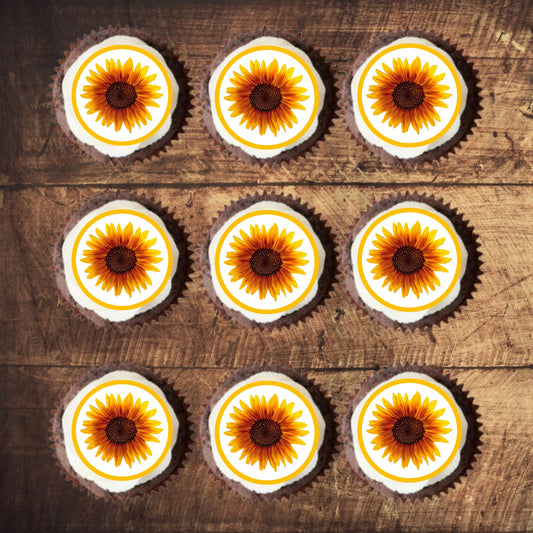 Sunflower Edible Cupcake Toppers on chocolate cupcakes with white frosting