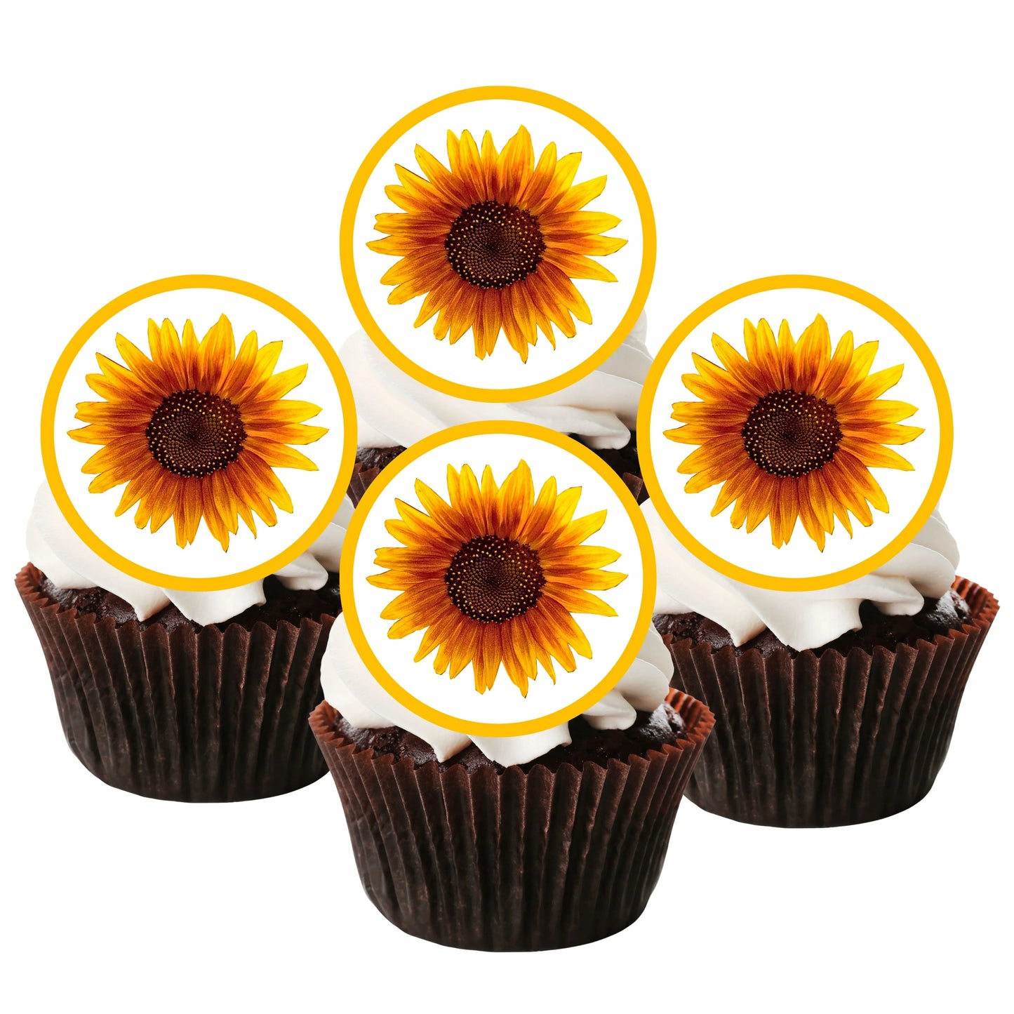 Sunflower Edible Cupcake Toppers on chocolate cupcakes with white frosting