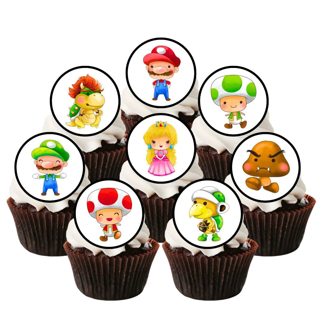 Super Mario Round Edible Cupcake Toppers on chocolate cupcakes with white frosting