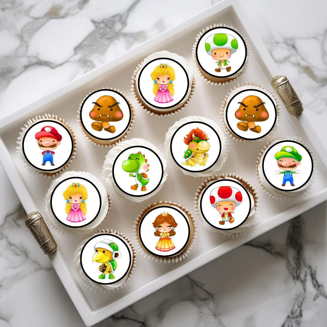 Super Mario Round Edible Cupcake Toppers on white frosted cupcakes