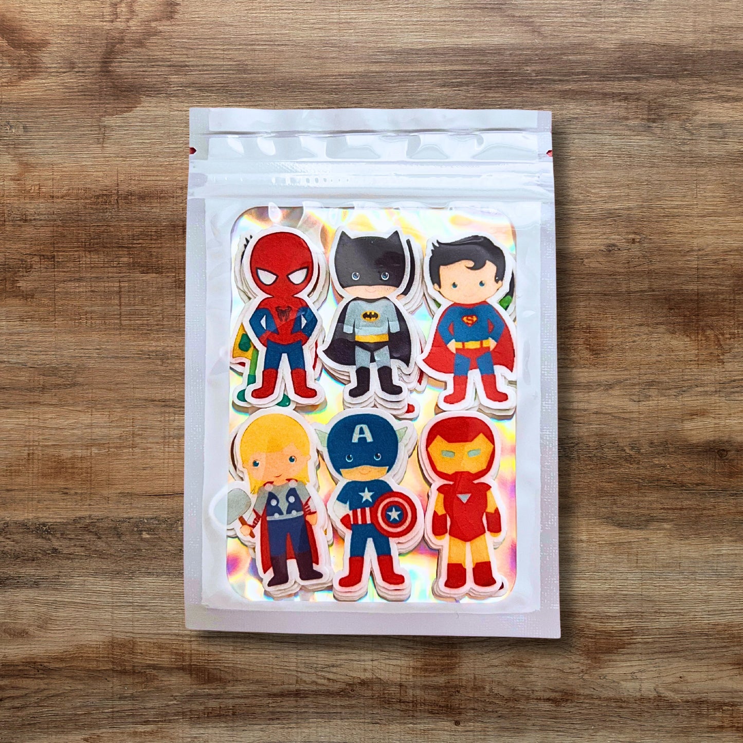 Superhero Theme Edible Cupcake Toppers in packaging