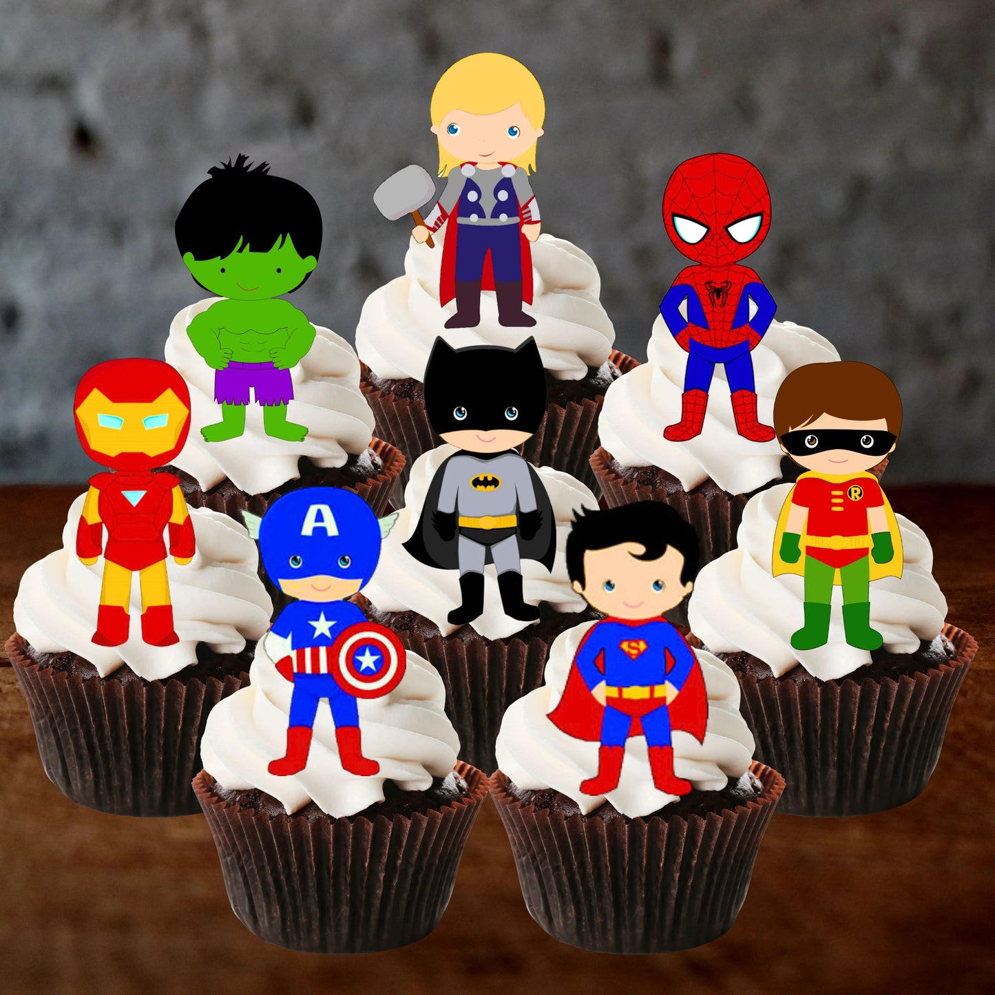 Superhero Theme Edible Cupcake Toppers on chocolate cupcakes with white frosting