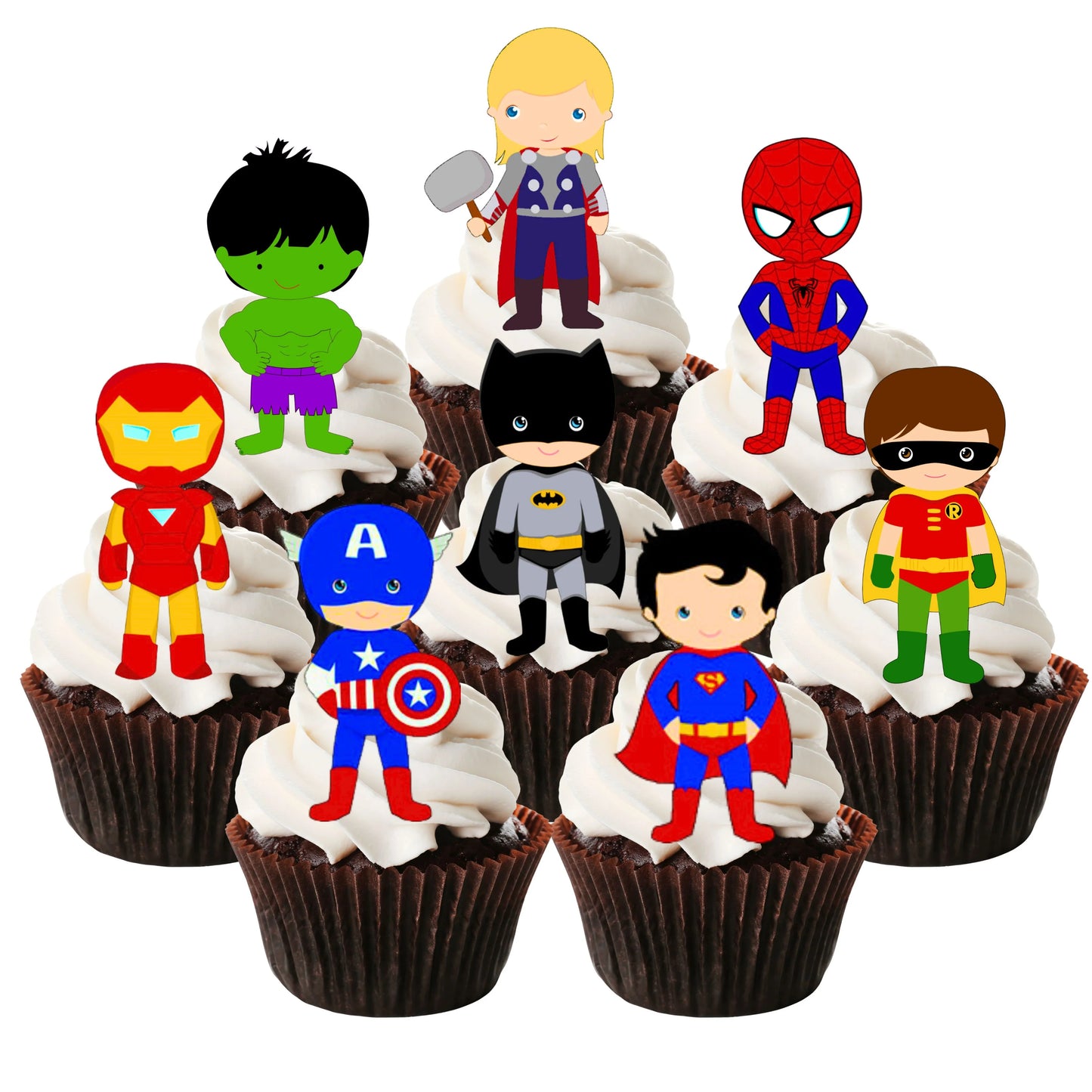 Superhero Theme Edible Cupcake Toppers on chocolate cupcakes with white frosting