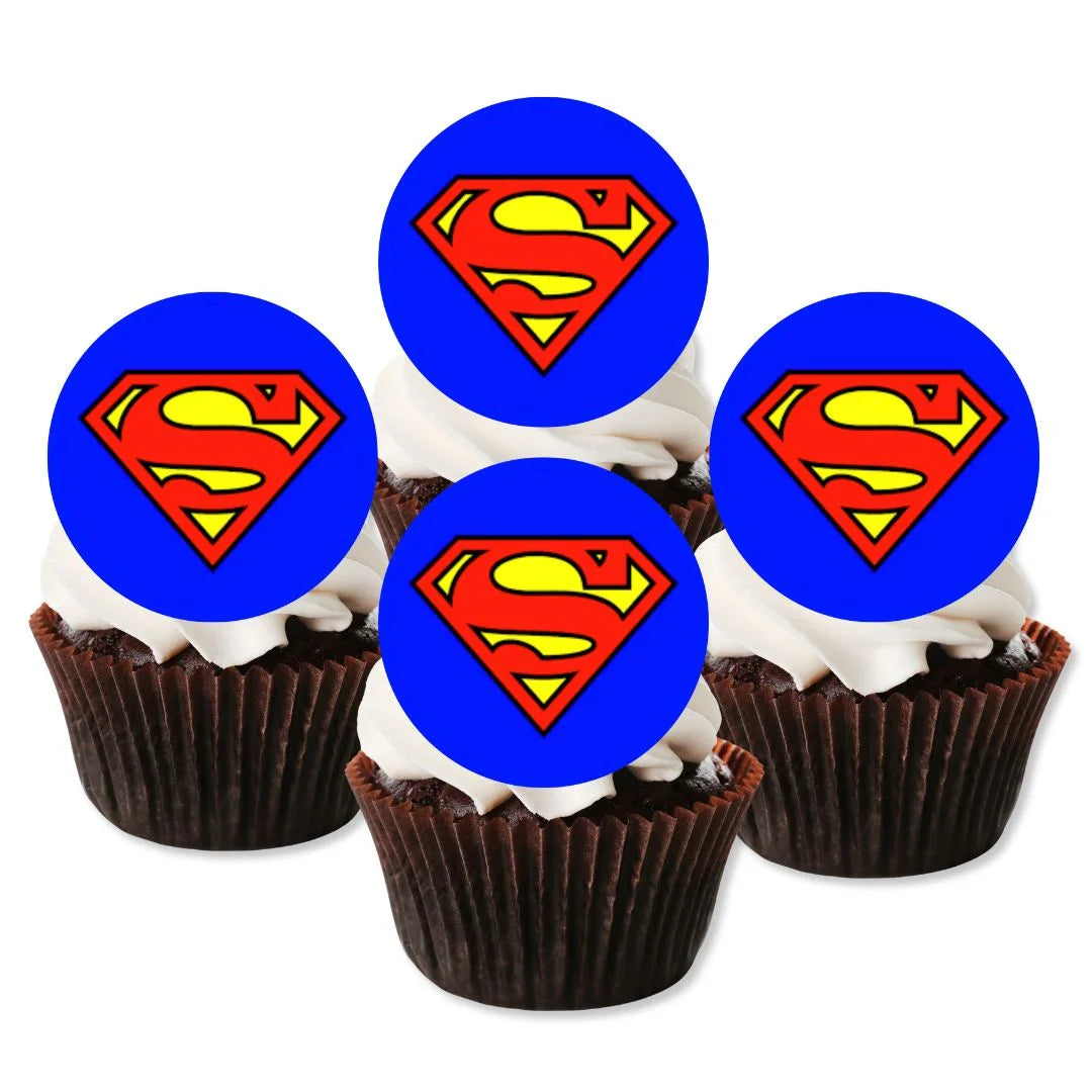 Superman Themed Edible Cupcake Toppers on chocolate cupcakes with white frosting