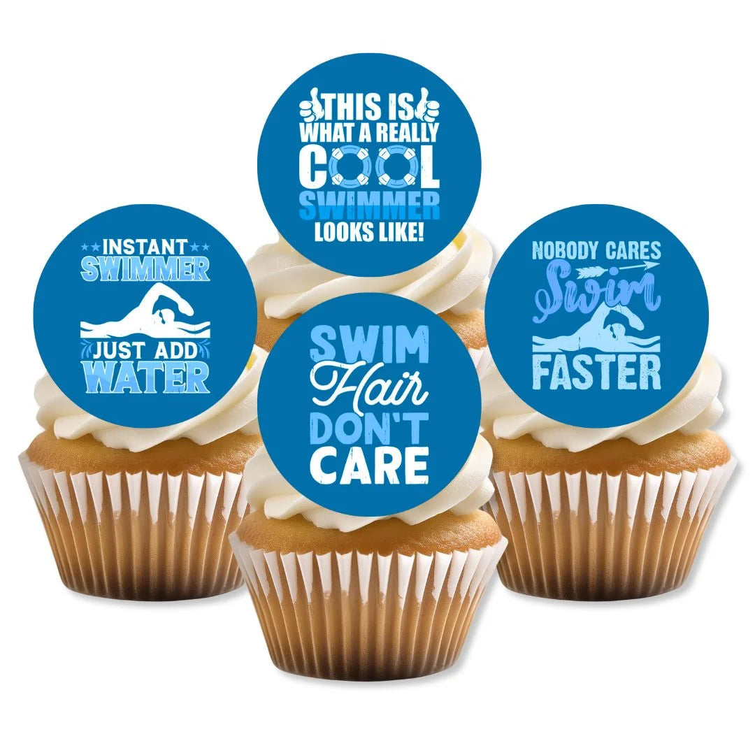 Swimming Theme Edible Cupcake Toppers on white frosted cupcakes
