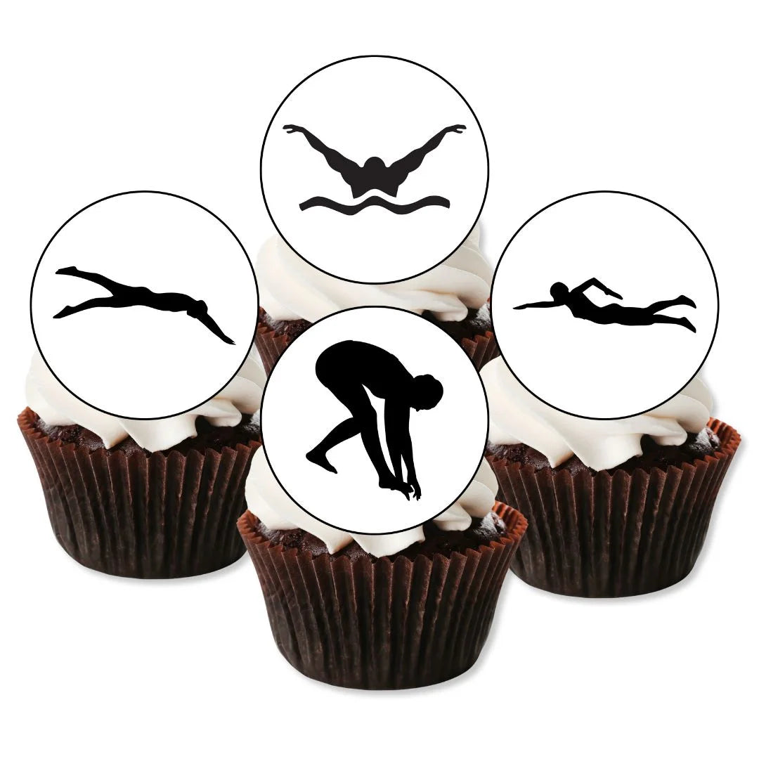 Swimming Silhouette Edible Cupcake Toppers on chocolate cupcakes with white frosting