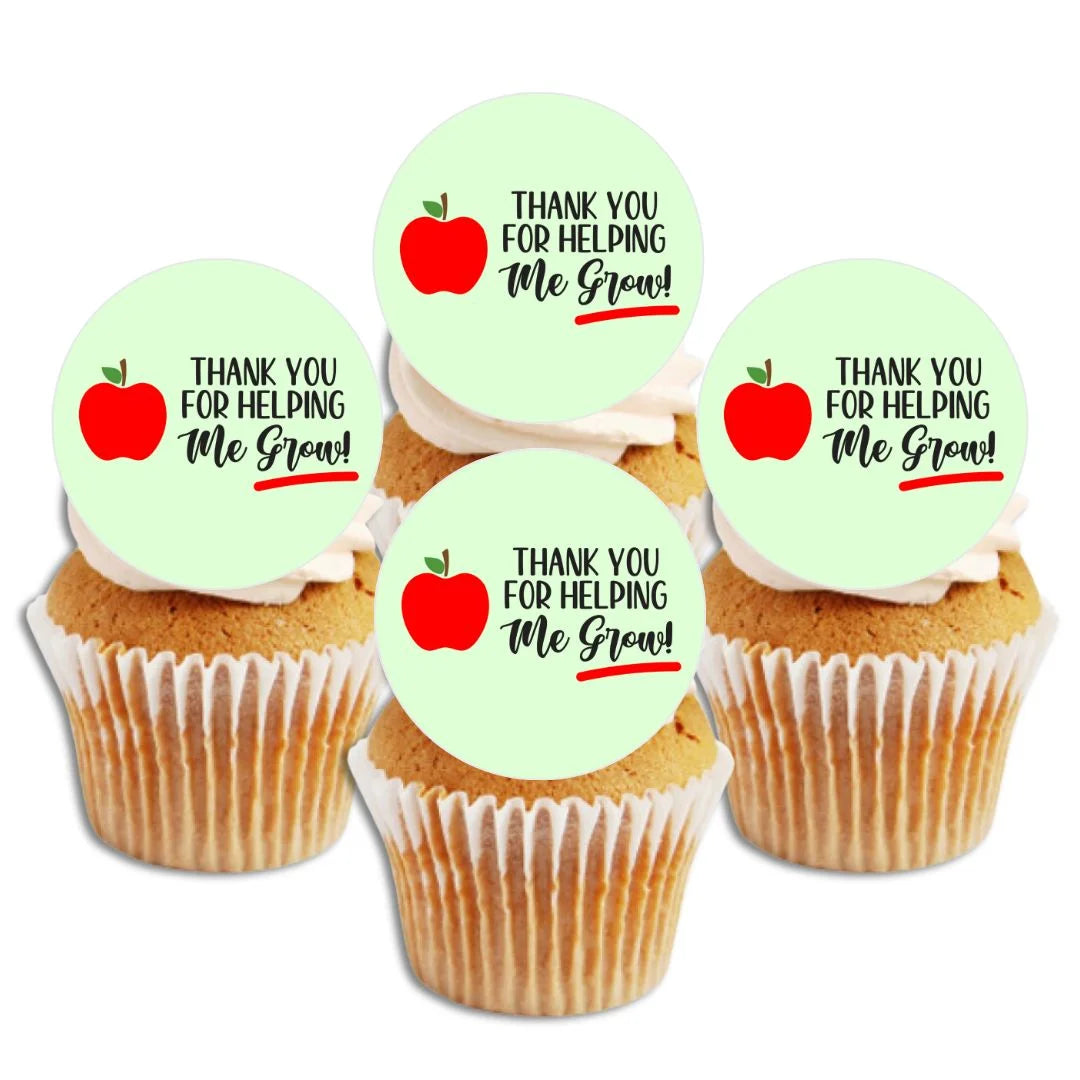 green Thank You For Helping Me Grow Edible Cupcake Toppers on white frosted cupcakes