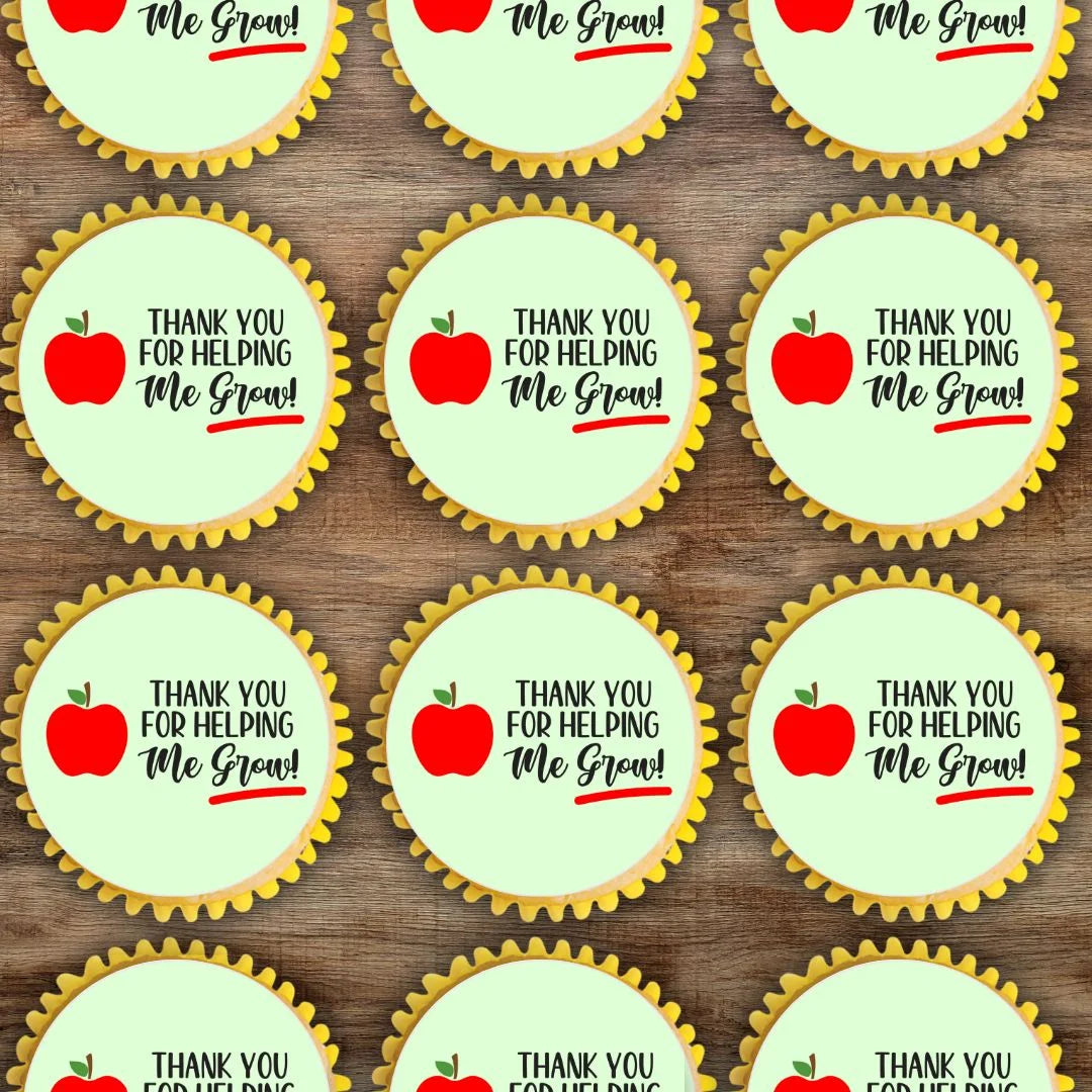 green Thank You For Helping Me Grow Edible Cupcake Toppers on white frosted cupcakes
