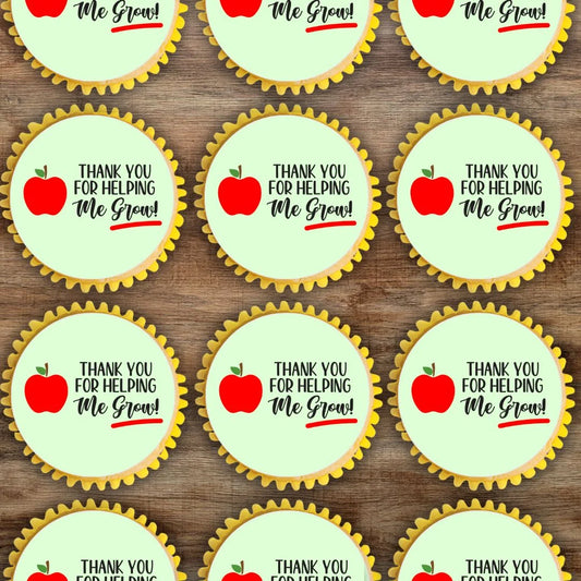 green Thank You For Helping Me Grow Edible Cupcake Toppers on white frosted cupcakes