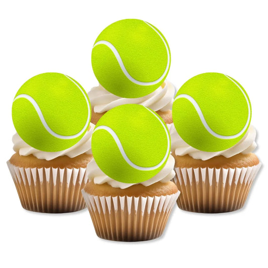 Tennis Ball Edible Cupcake Toppers on cupcakes with white frosting