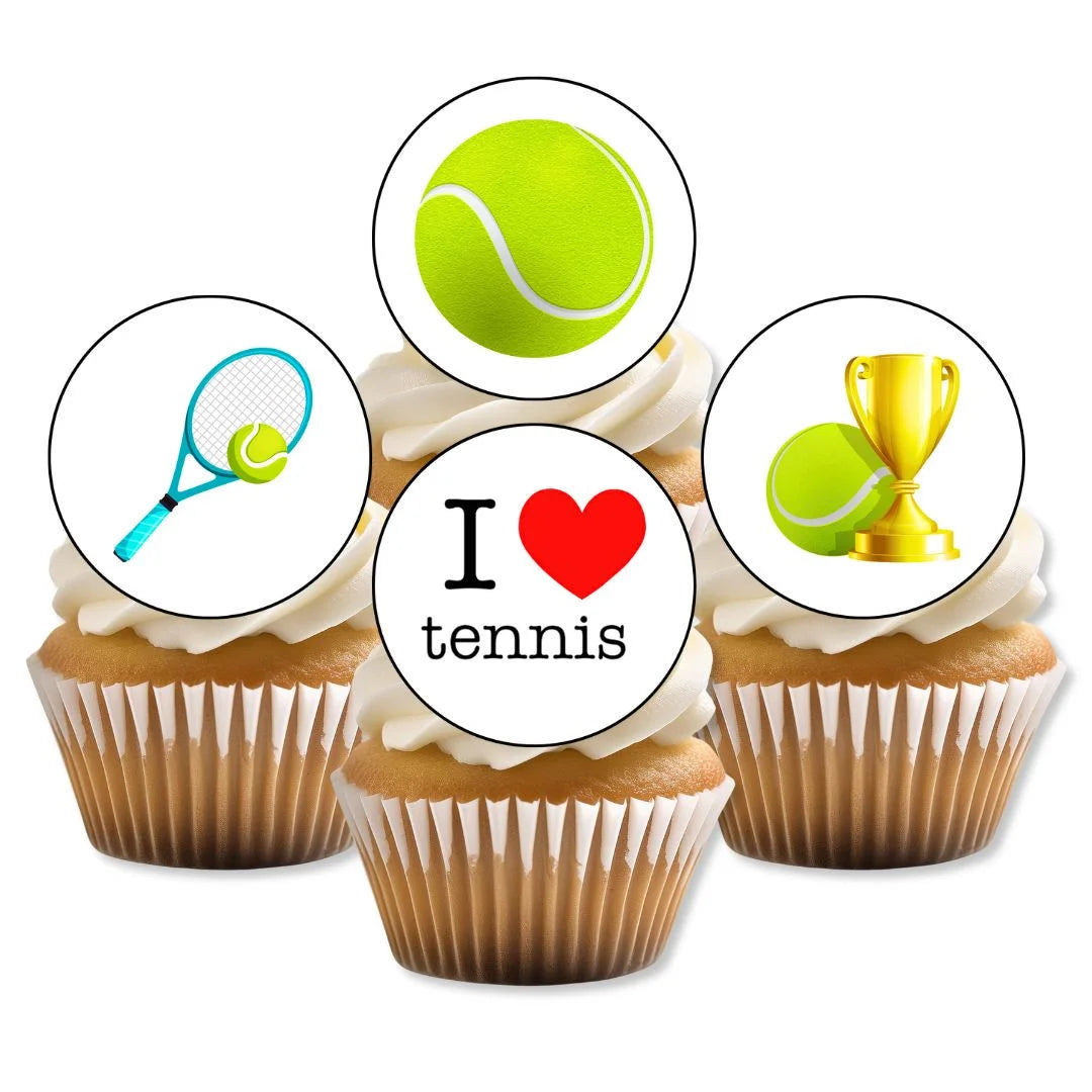 Tennis Theme Edible Cupcake Toppers on white frosted cupcakes