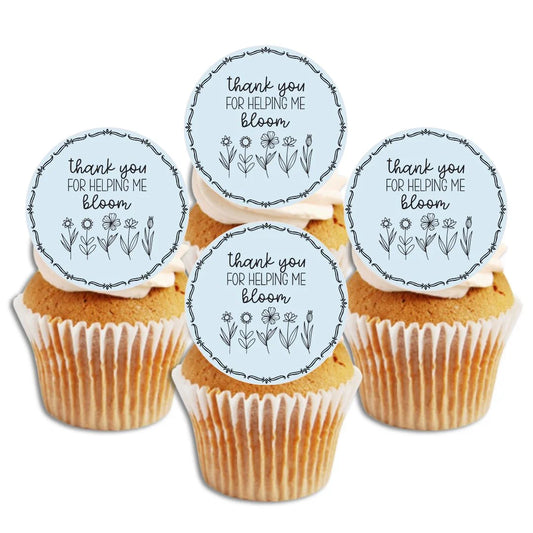 Thank You For Helping Me Bloom Edible Cupcake Toppers on white frosted cupcakes