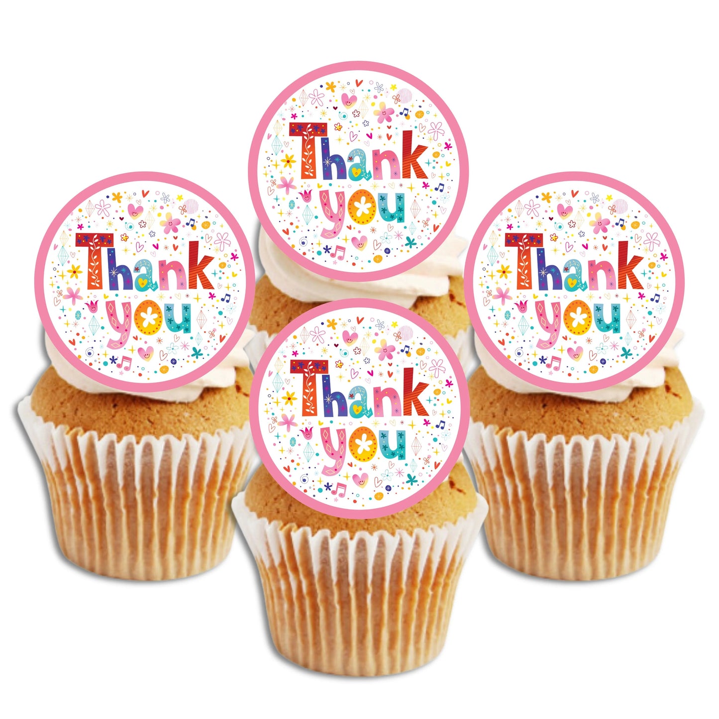 Thank You Pink Cupcake Toppers on white frosted cupcakes
