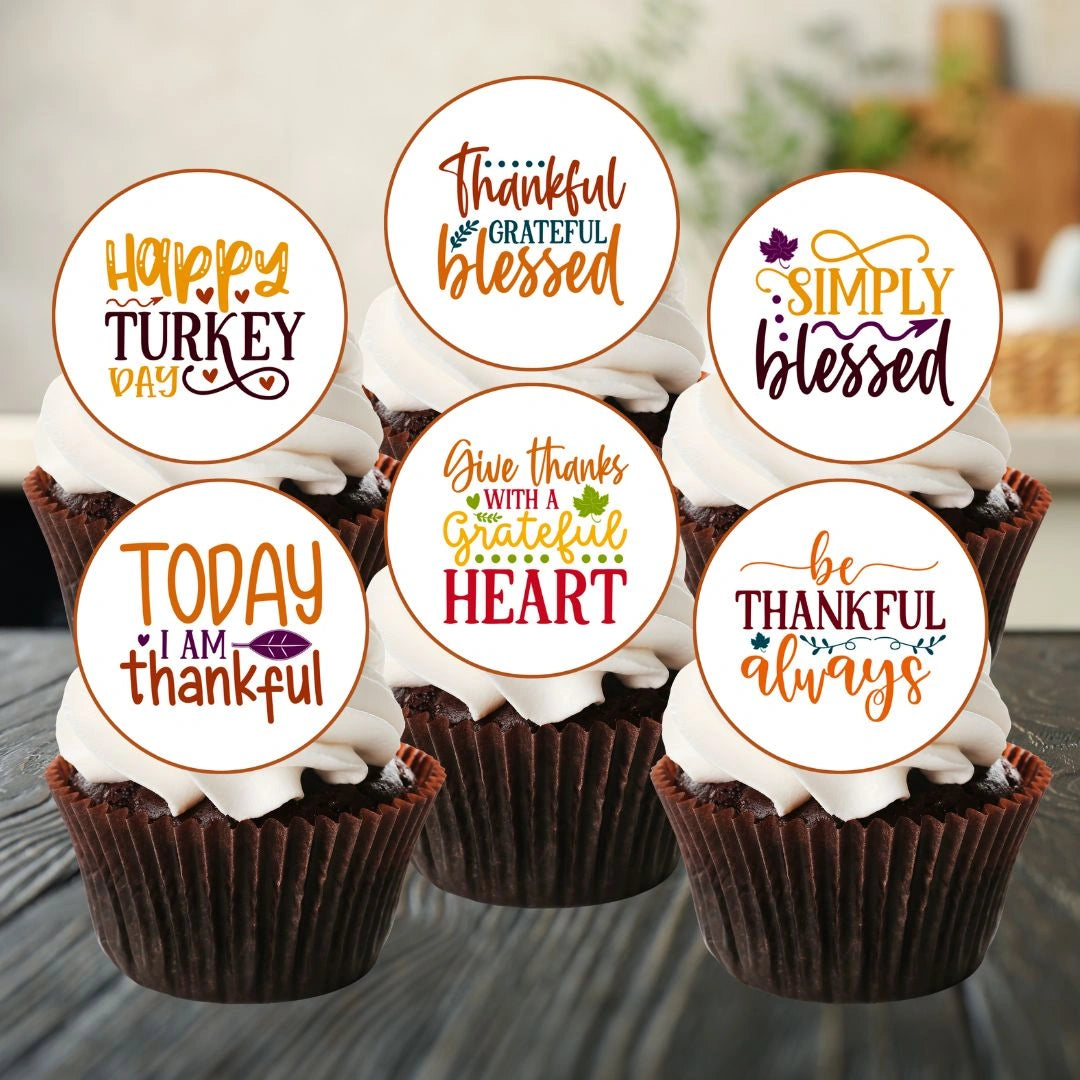 Thanksgiving Blessed Edible Cupcake Toppers on chocolate cupcakes with white frosting