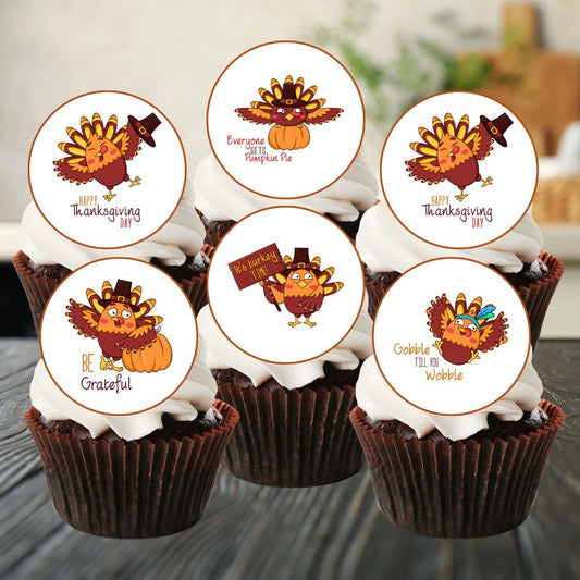 Thanksgiving Birds Edible Cupcake Toppers on chocolate cupcakes with white frosting