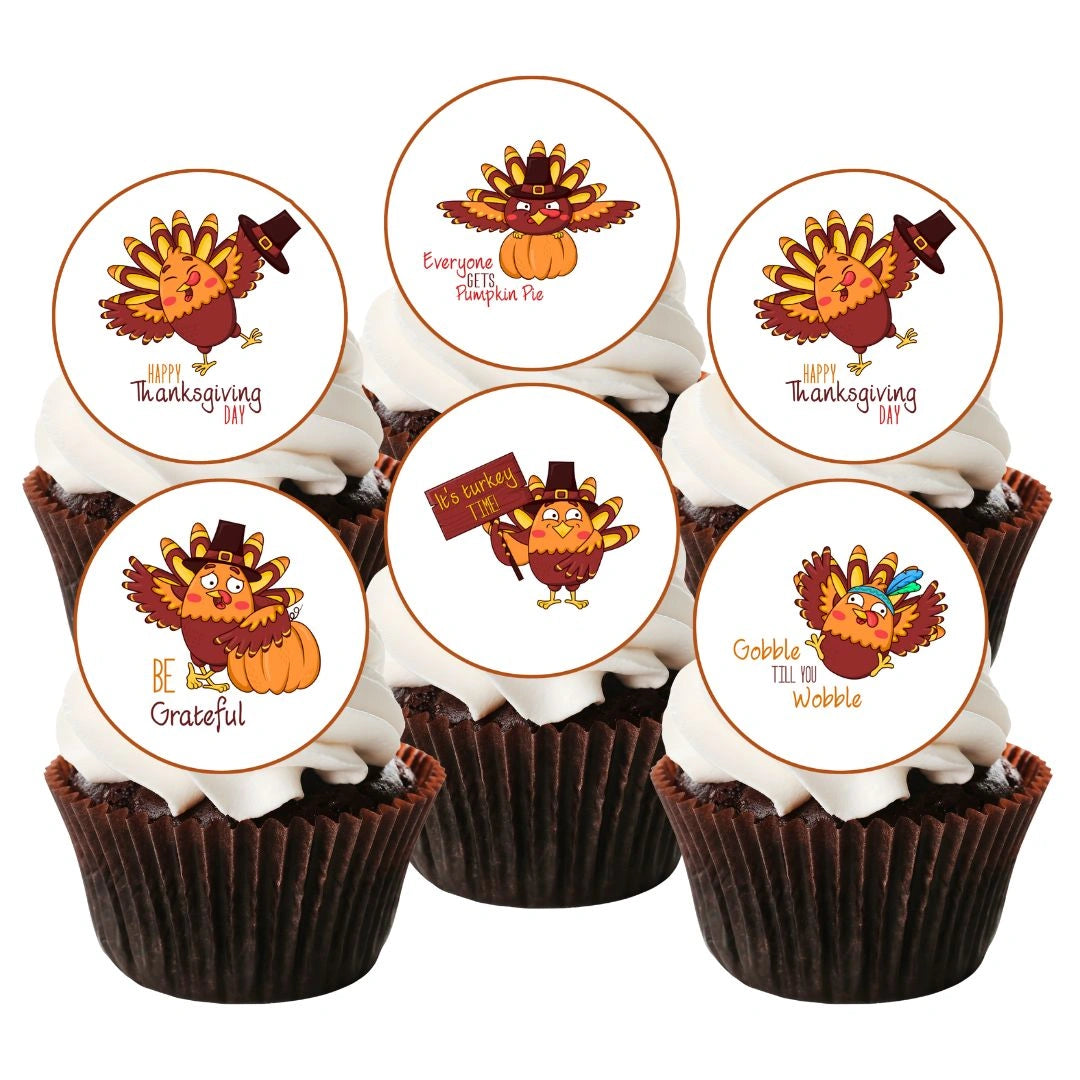 Thanksgiving Birds Edible Cupcake Toppers on chocolate cupcakes with white frosting