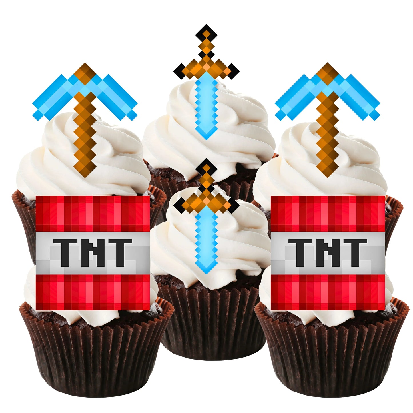 TNT Pixel Craft Edible Cupcake Toppers on chocolate cupcakes with white frosting