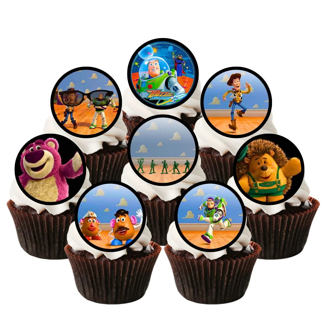 Toy Story 2 Edible Cupcake Toppers on white frosted cupcakes