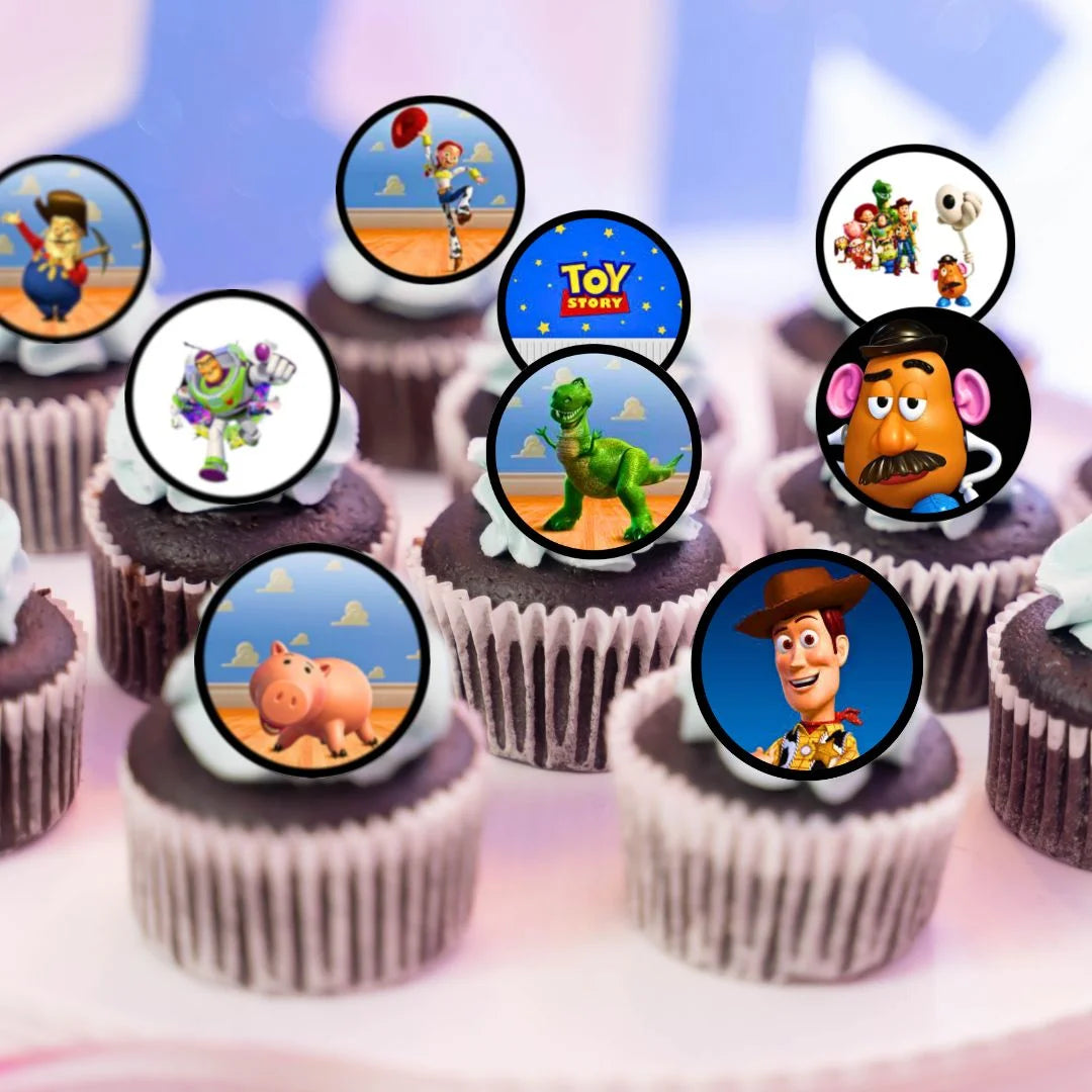 Toy Story Edible Cupcake Toppers on chocolate cupcakes with white frosting