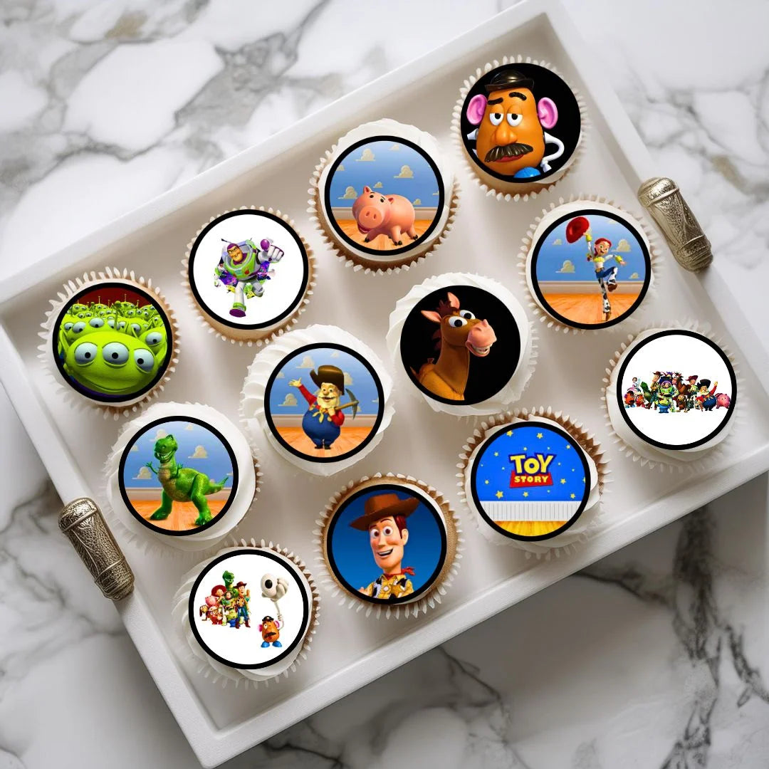 Toy Story Edible Cupcake Toppers on chocolate cupcakes with white frosting