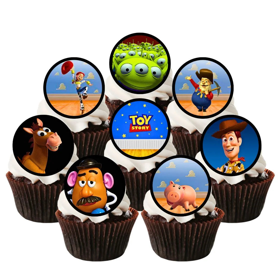Toy Story Edible Cupcake Toppers on chocolate cupcakes with white frosting