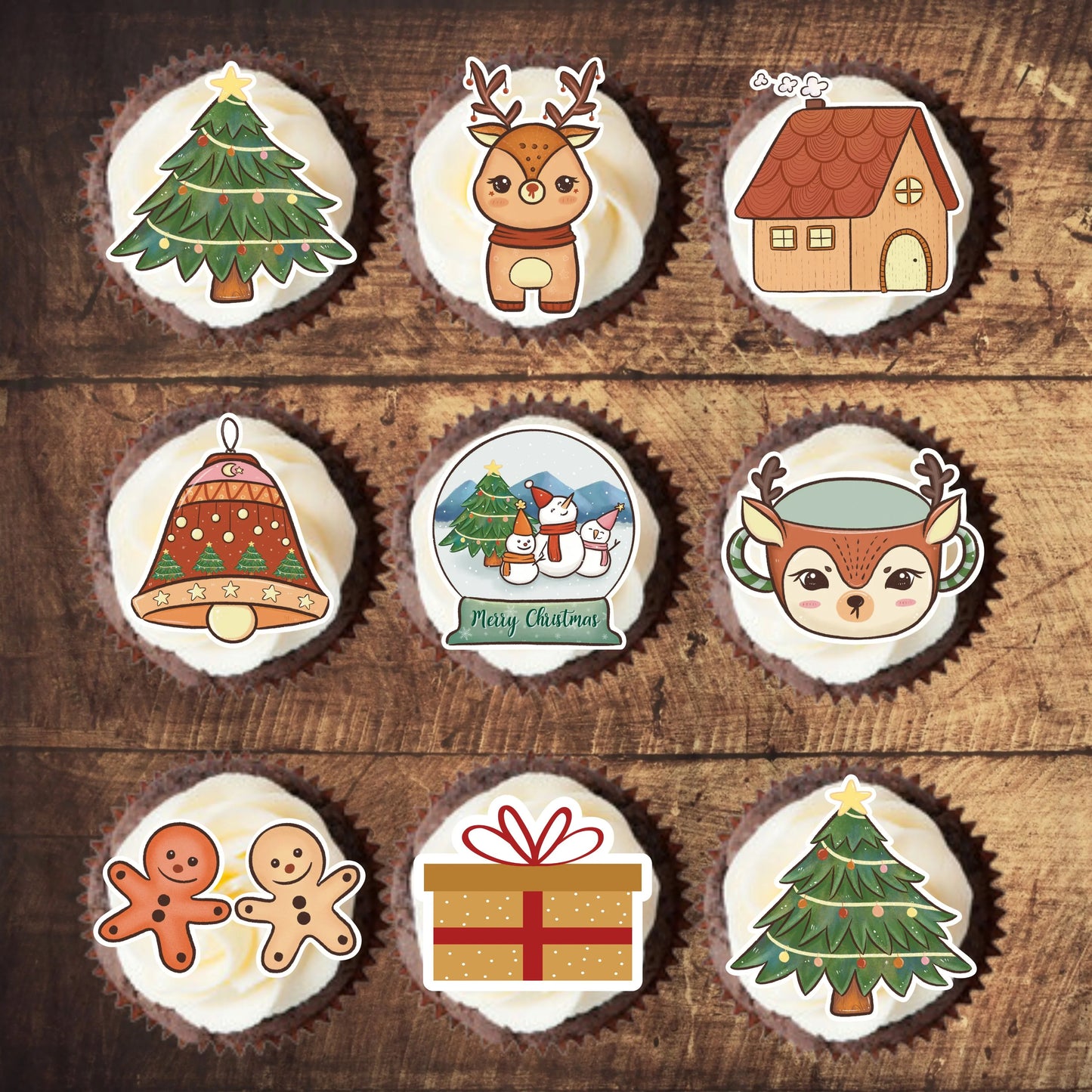 Traditional Christmas Cupcake Toppers on white frosted cupcakes