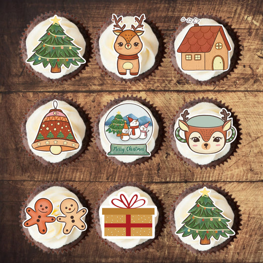 Traditional Christmas Cupcake Toppers on white frosted cupcakes