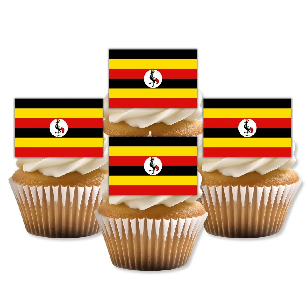 Uganda Flag Edible Cupcake Toppers on cupcakes with white frosting