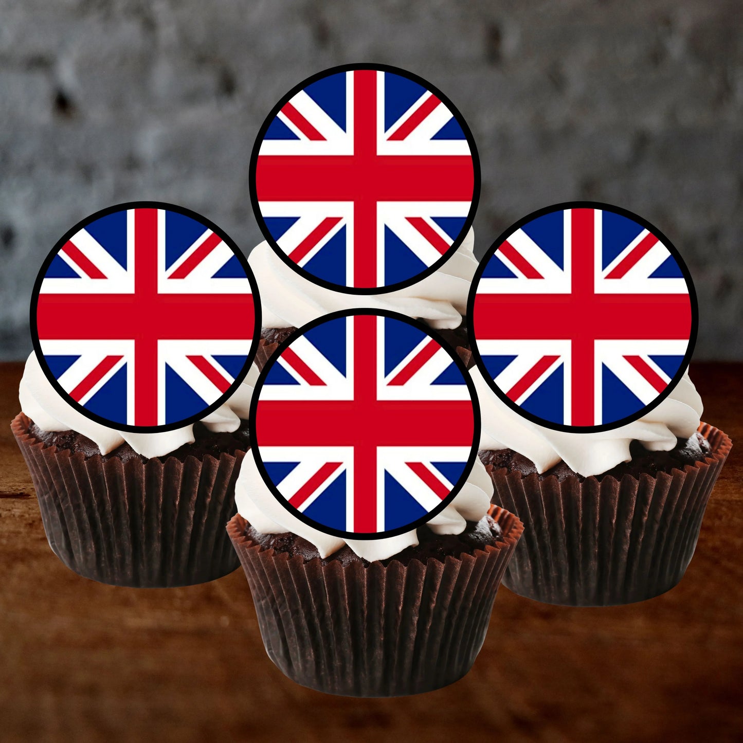 British Flag Round Edible Cupcake Toppers on chocolate cupcakes with white frosting