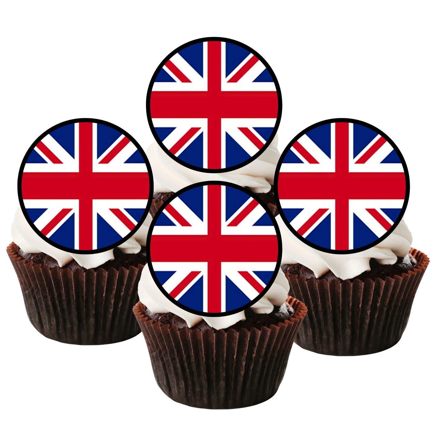 British Flag Round Edible Cupcake Toppers on chocolate cupcakes with white frosting