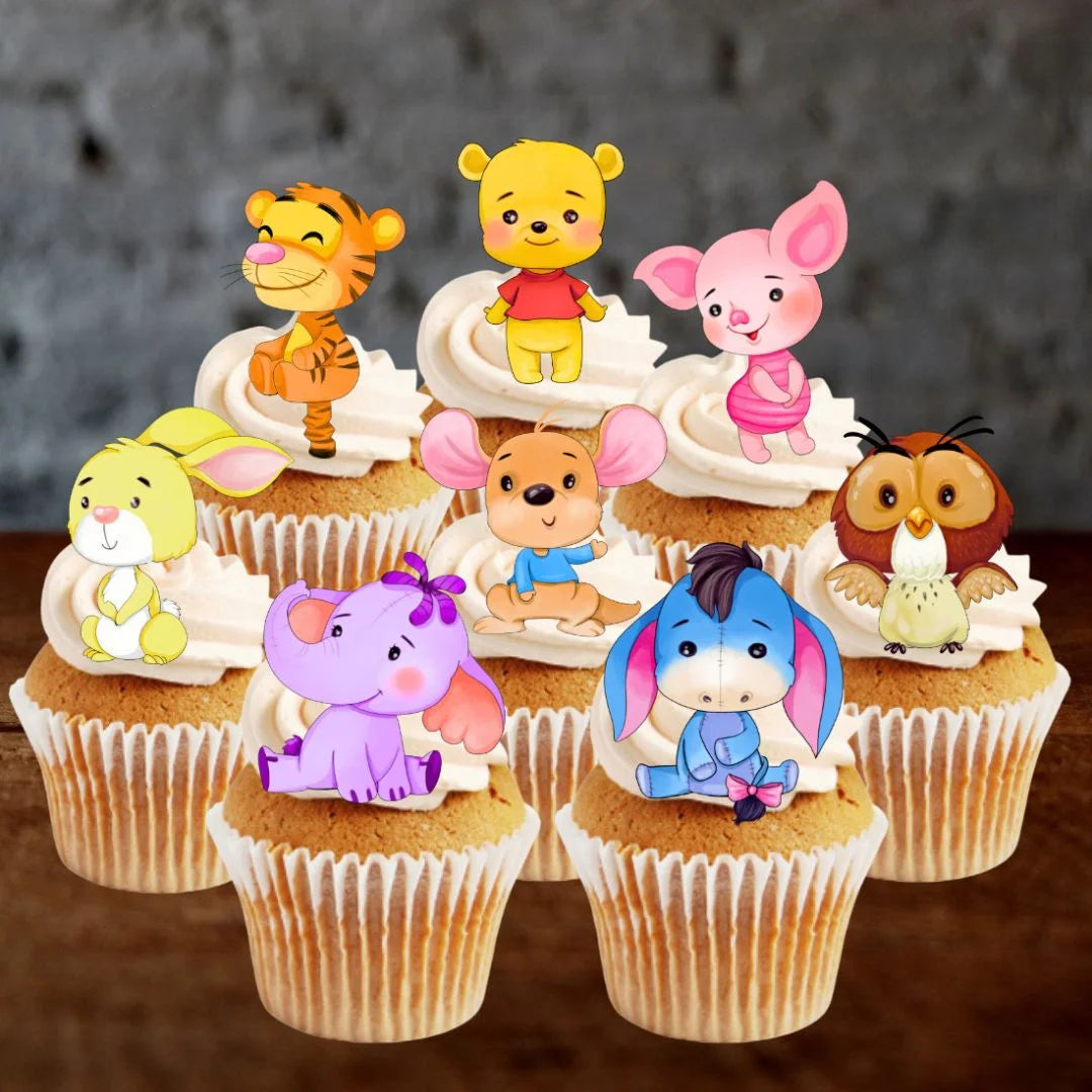 Winnie Theme Edible Cupcake Toppers on cupcakes with white frosting