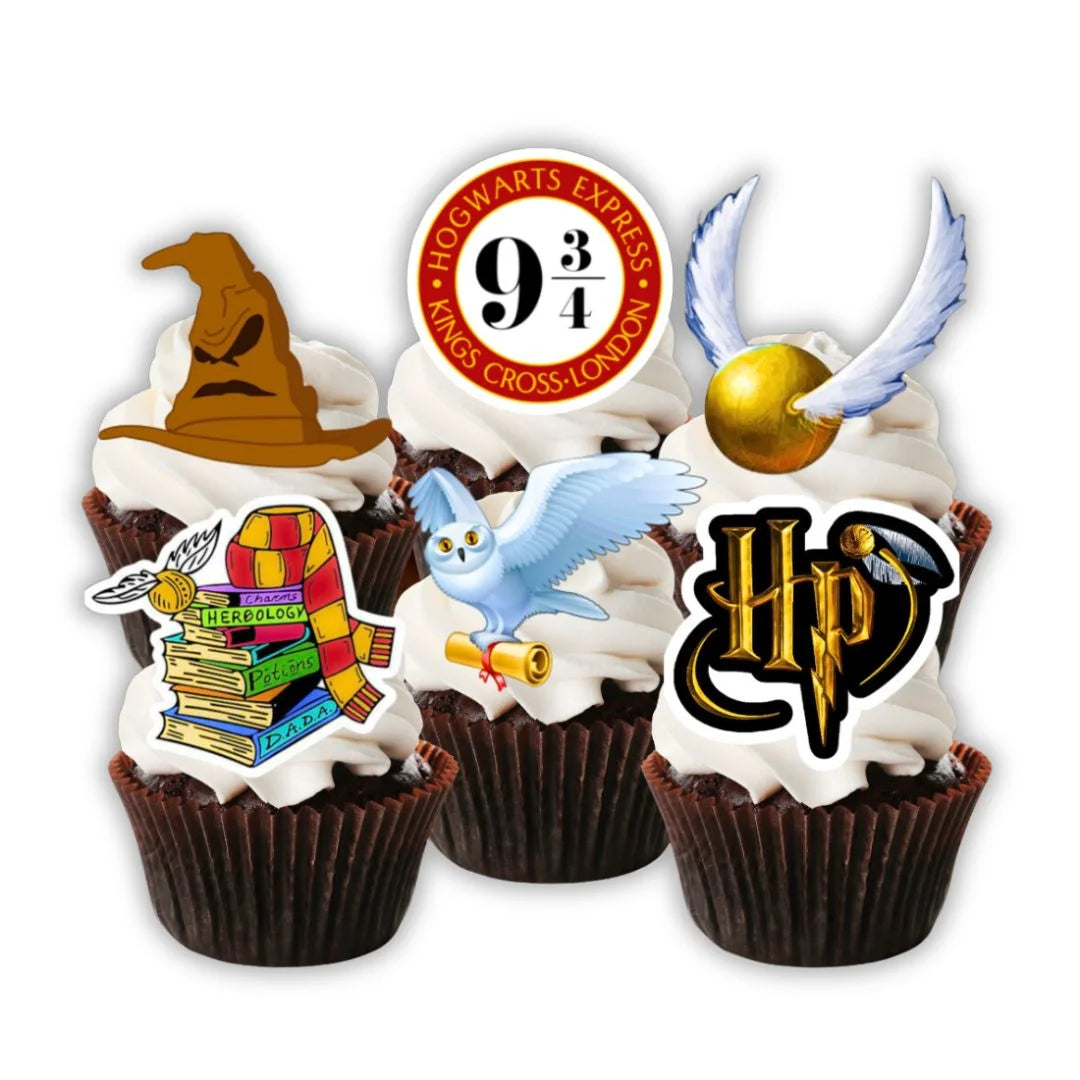 Wizard Theme Edible Cupcake Toppers on chocolate cupcakes with white frosting