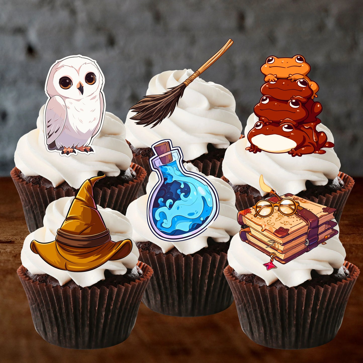 Wizard Theme Edible Cupcake Toppers on chocolate cupcakes with white frosting