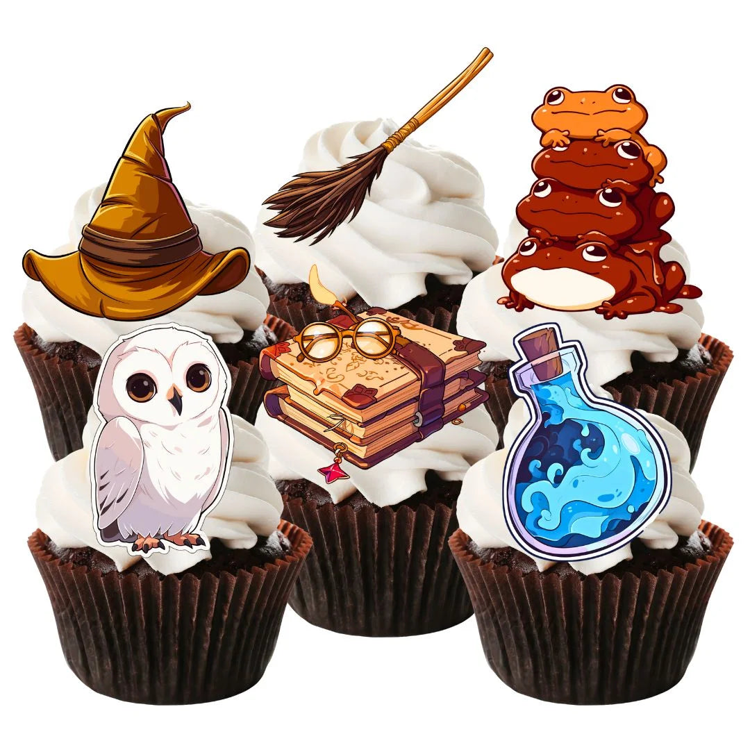 Wizard Theme Edible Cupcake Toppers on chocolate cupcakes with white frosting