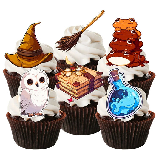 Wizard Theme Edible Cupcake Toppers on chocolate cupcakes with white frosting