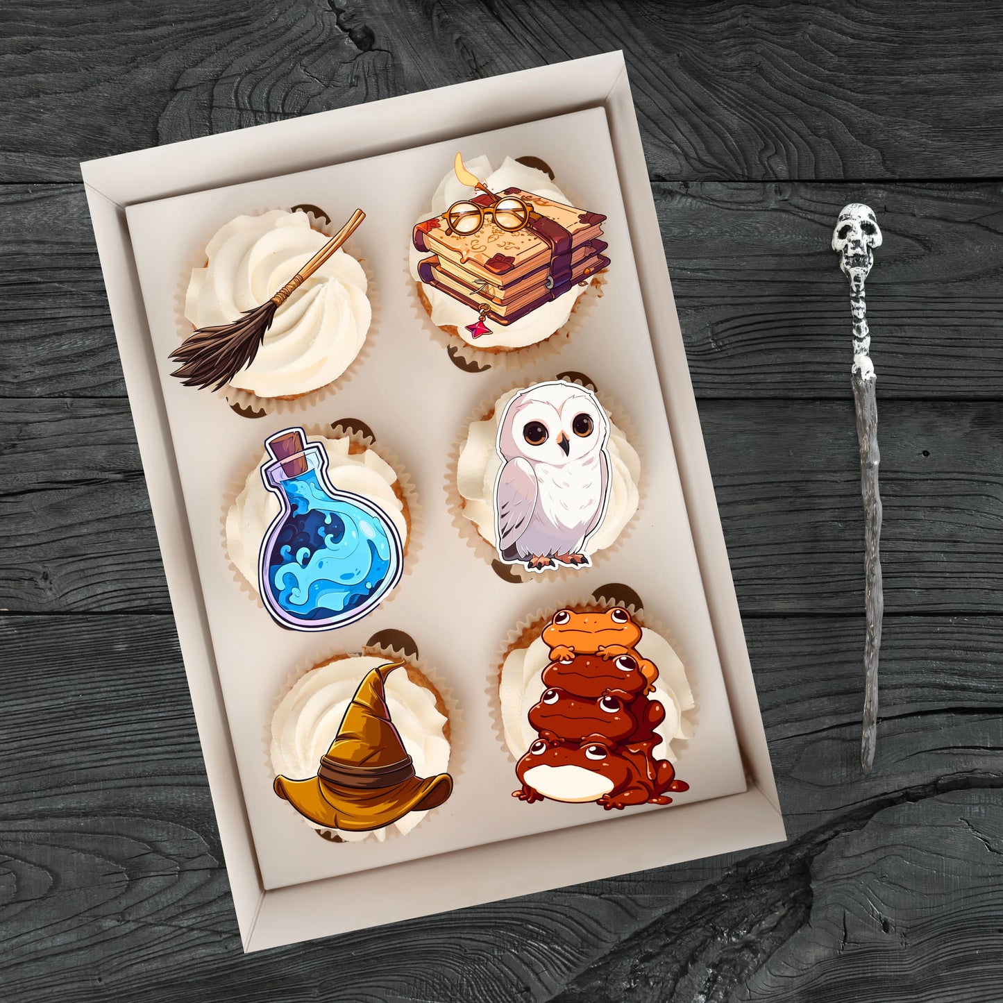 Wizard Theme Edible Cupcake Toppers on cupcakes with white frosting