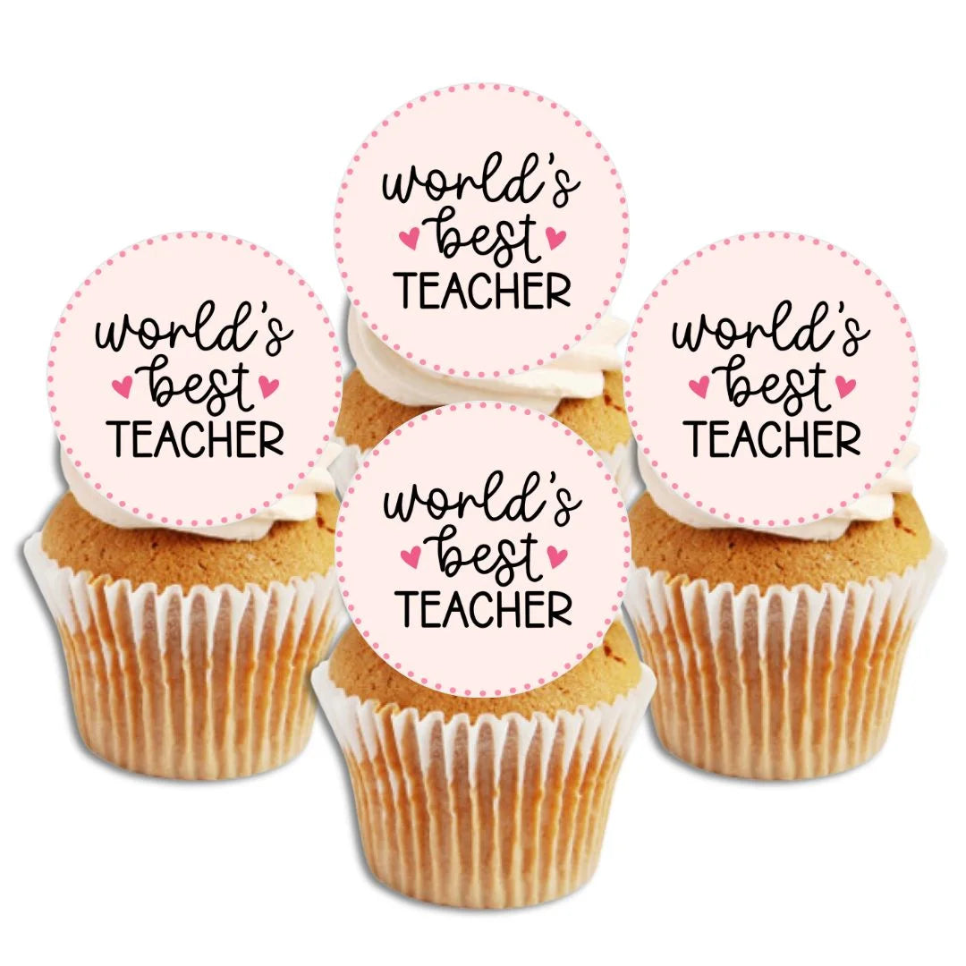 Worlds Best Teacher Cupcake Toppers on white frosted cupcakes