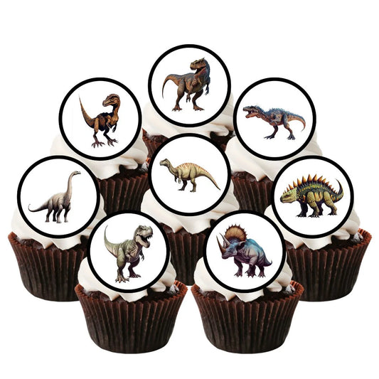 Dinosaurs cake decorations on chocolate cupcakes with white icing