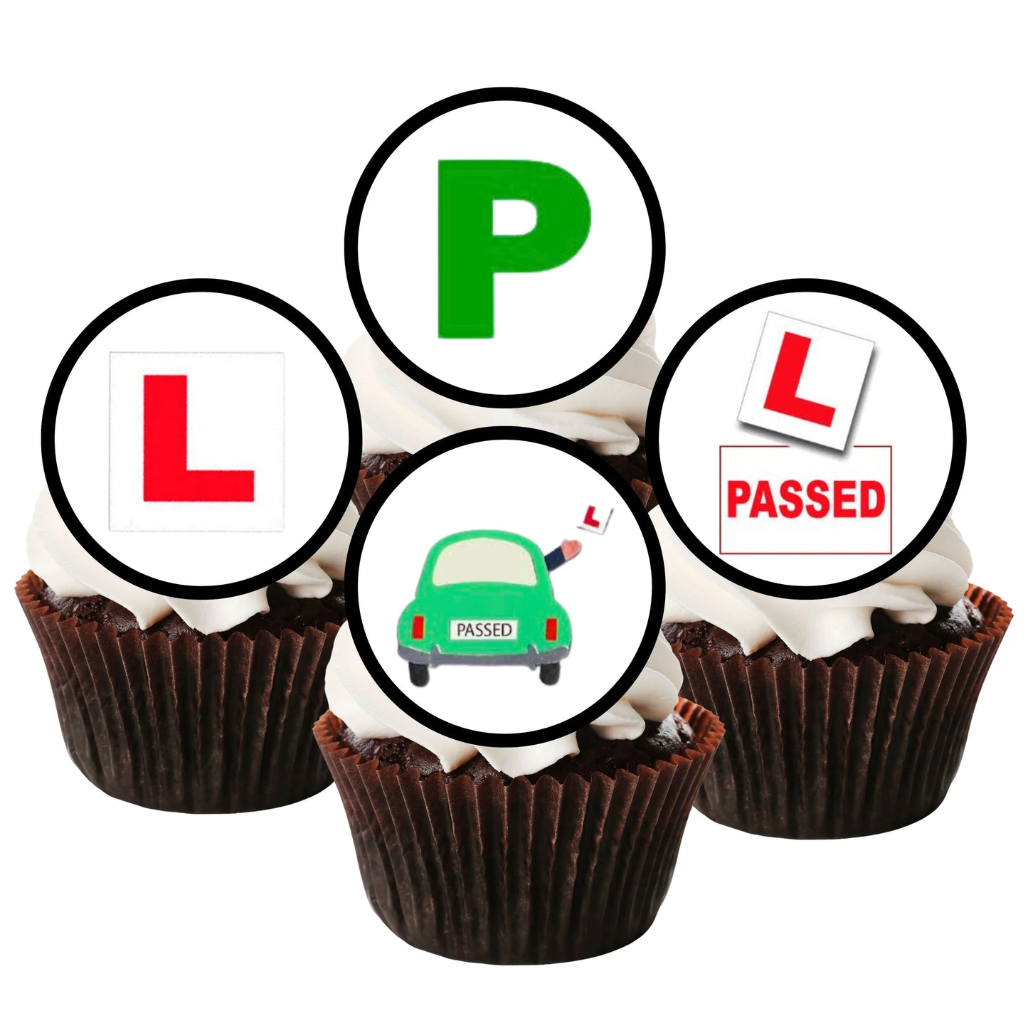 Driving test cupcake toppers on chocolate cupcakes with white frosting