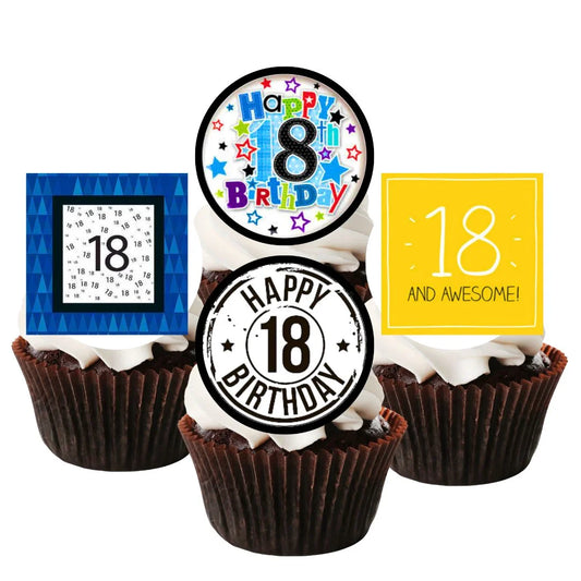 six chocolate cupcakes decorated with 18th Birthday Boy Edible Cupcake Toppers with blue and yellow theme