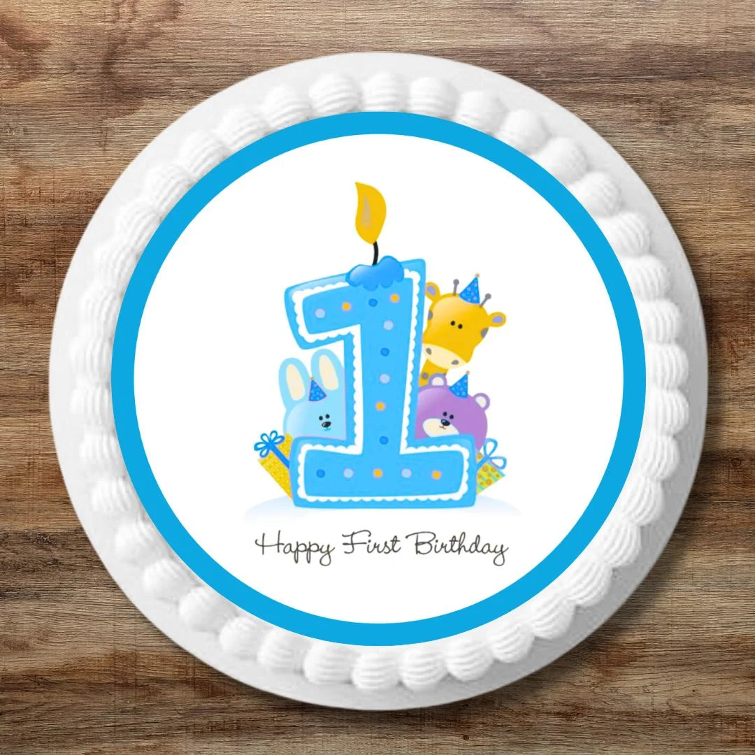 round cake topper with a blue 1 and illustrated characters on a whit e iced birthday cake