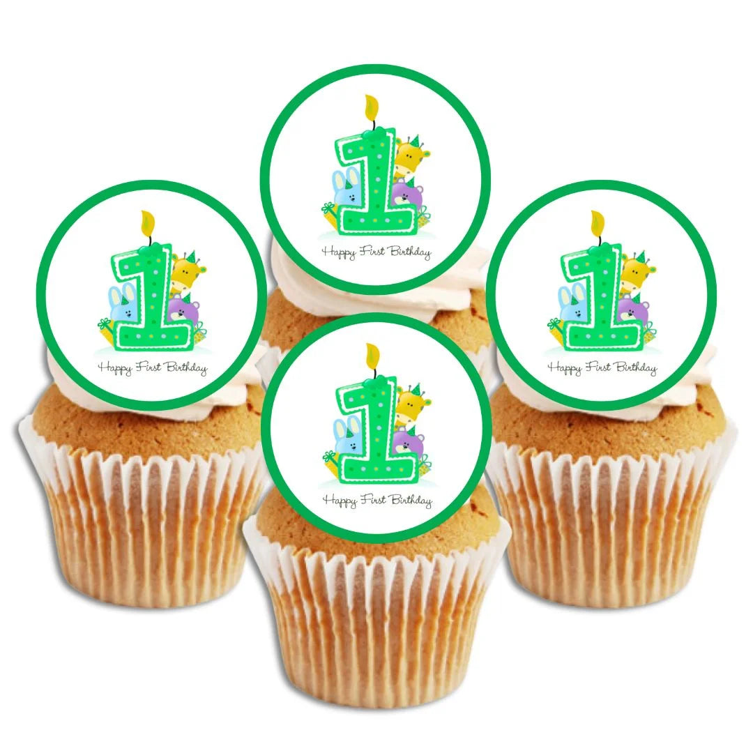 1st Birthday Green Edible Cupcake Toppers on white frosted cupcakes 