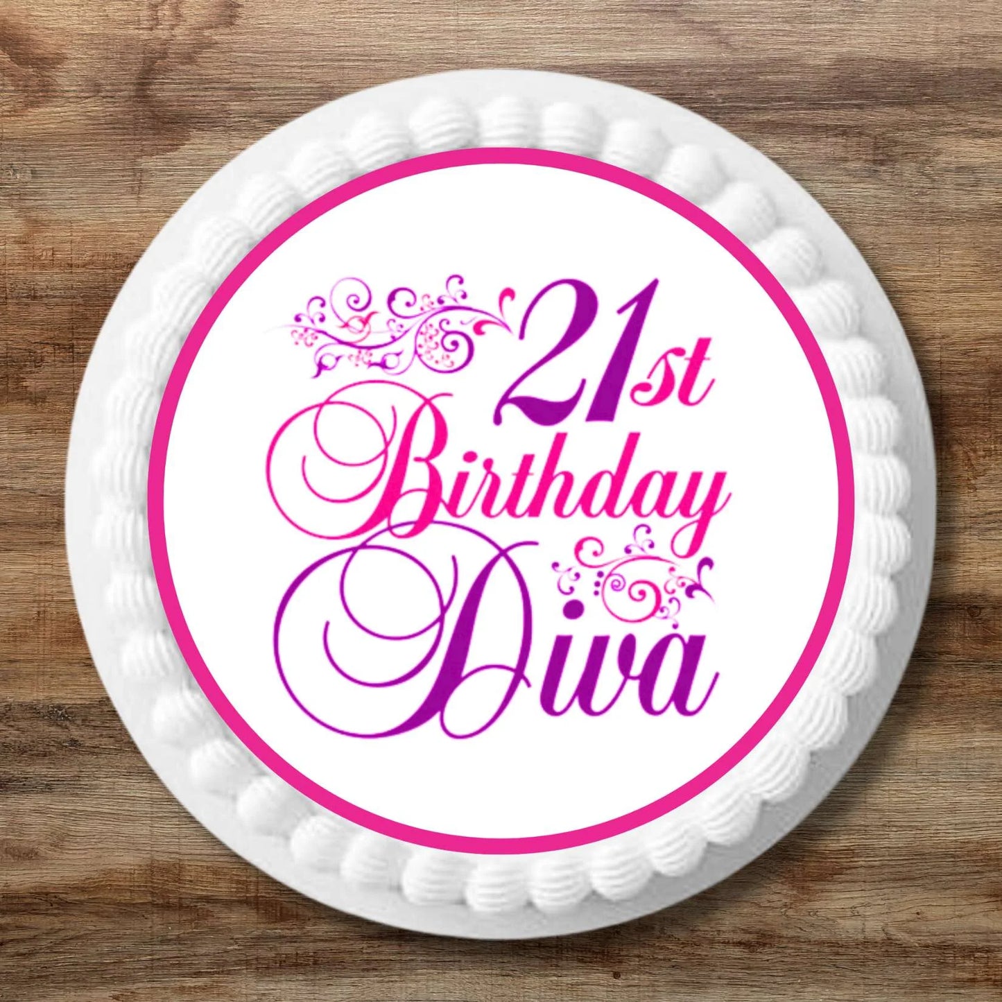 white iced birthday cake with 7 Inch 21st birthday diva cake topper