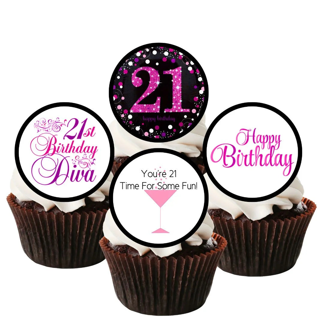 four chocolate cupcakes with white frosting topped with 21st birthday diva cake toppers